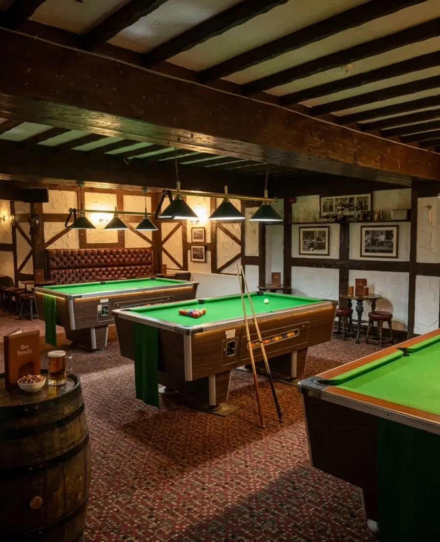 Games room with pool tables, leather seating and bar at Moorville Hall Hotel